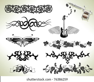 Series set of tattoo flash design elements with tattooists gun or machine