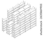 A series of shelves are shown in a 3D drawing. The shelves are made of metal and are stacked on top of each other. Concept of organization and efficiency. Isometric view