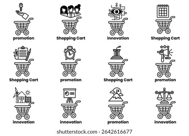 A series of shopping carts with various symbols and icons on them. The carts are arranged in a grid, with some placed above others. The symbols and icons on the carts include a clock, a mountain
