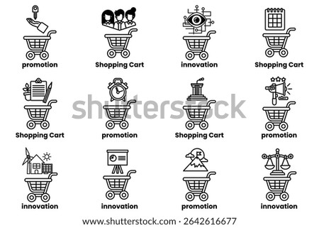 A series of shopping carts with various symbols and icons on them. The carts are arranged in a grid, with some placed above others. The symbols and icons on the carts include a clock, a mountain