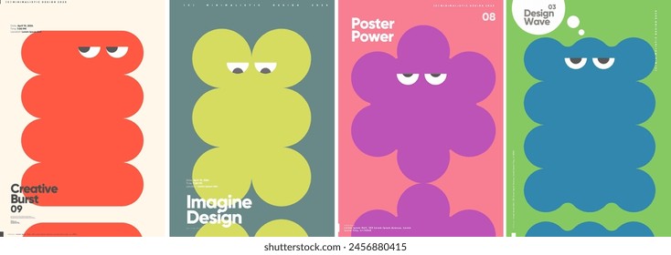 A series showcases four minimalist retro poster designs with playful, character-like shapes and eyes, using a bright color palette of red, green, purple, and blue.