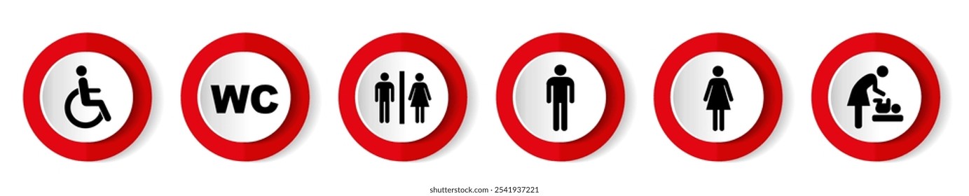 A series of signs showcases different restroom facilities available in a public park. Options include accessible, male, female, and family restrooms for visitors.