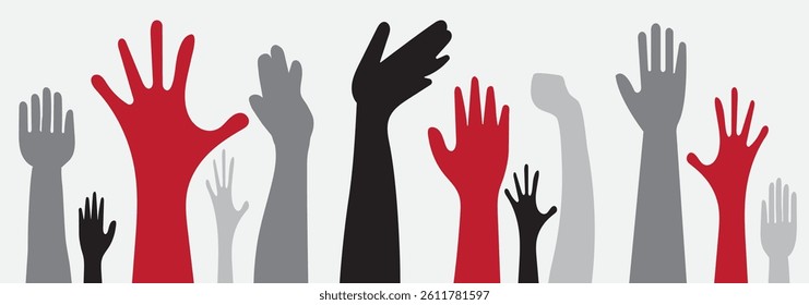 series of silhouetted hands raised high in unison icon vector illustration . 
