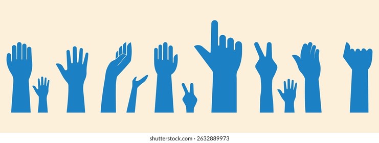 series of silhouetted hands raised high in unison icon vector illustration. hands silhouettes, Raised hands vector silhouettes, Set of hand silhouette icon logo template vector. eps 10
