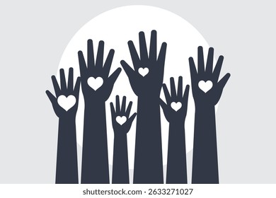 series of silhouetted hands raised high in unison icon vector illustration on Transparent Background. EPS 10