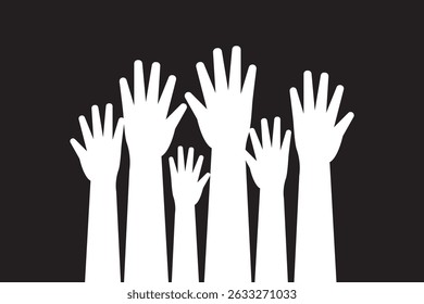 series of silhouetted hands raised high in unison icon vector illustration on Transparent Background. EPS 10