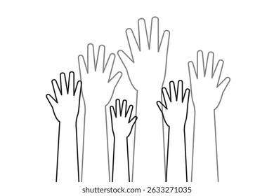 series of silhouetted hands raised high in unison icon vector illustration on Transparent Background. EPS 10
