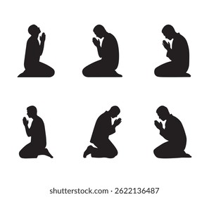 Uma série de silhuetas representando indivíduos em poses orantes, simbolizando a fé profunda.








