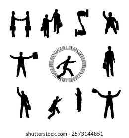 Series of silhouettes of people in business attire, some of them holding briefcases. Concept of urgency and determination