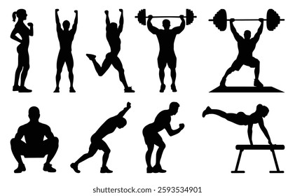 A series of silhouettes of people doing various exercises vector illustration