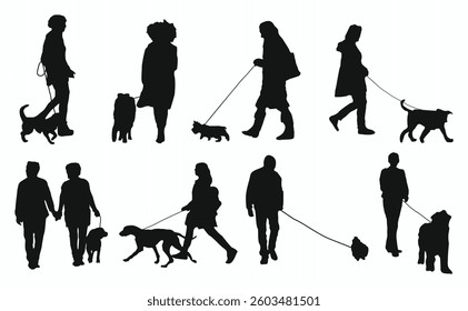A series of silhouettes of people walking their dogs. The silhouettes are of people of different ages and genders, and their dogs are of different sizes and breeds. Scene is peaceful and relaxing