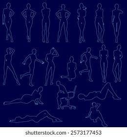 Series of silhouettes of women in various poses, some sitting and some standing. Scene is one of elegance and grace, as the women are depicted in a variety of poses that convey a sense of movement