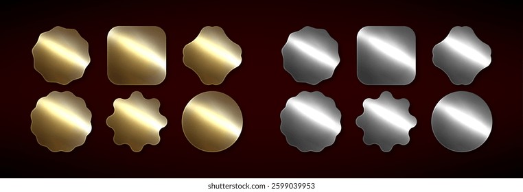 Series of silver and gold stickers on a red- dark background. Metal Labels and Badges