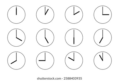 A series of simple analog clock faces. Sub-dial time display. EPS 10. Vector illustrations