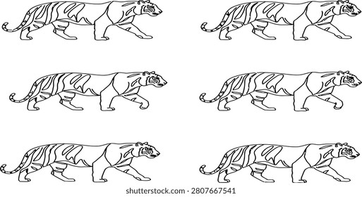 A series of simple black and white line art drawings of a powerful tiger walking