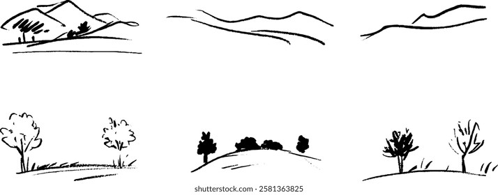 A series of simple black and white sketches depicting landscapes with mountains, hills, and trees. Each sketch varies in detail and composition, showcasing natural scenery.