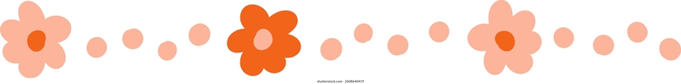 A series of simple flowers connected by a dotted line in a minimalist style. The design features alternating floral shapes and dots creating a seamless border. Cartoon vector illustration.