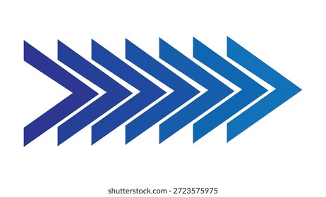 Una serie de seis flechas azules, que disminuyen de tamaño de izquierda a derecha, apuntan a la derecha sobre un fondo blanco.