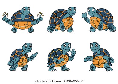 A series of six cartoon turtles are shown in various poses, with one of them holding a tennis ball. Scene is lighthearted and playful, with the turtles appearing to be having fun