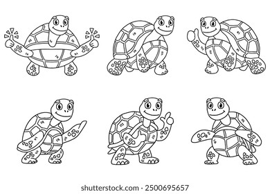 A series of six cartoon turtles are shown in various poses, with one of them holding a tennis ball. Scene is lighthearted and playful, with the turtles appearing to be having fun