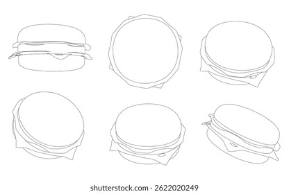 Uma série de seis diferentes vistas dos sanduíches são mostradas em uma ilustração em preto e branco. Os sanduíches são todos de diferentes formas e tamanhos, com alguns sendo redondos