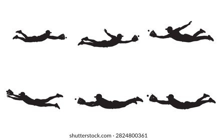 A series of six dynamic silhouette illustrations captures a baseball player in various stages of a diving catch. This vector graphic depicts athletic movement, agility, and the intensity of competitive sports action on a white background.