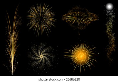 Series of six gold and orange vector fireworks