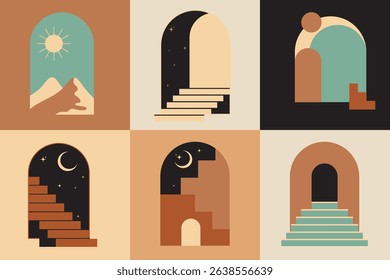 A series of six minimalist archway illustrations with stair motifs, moon and sun elements, and earthy tones, ideal for boho branding, decor, or visual themes for art and design events.