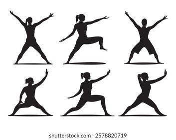 A series of six silhouettes of women doing yoga poses