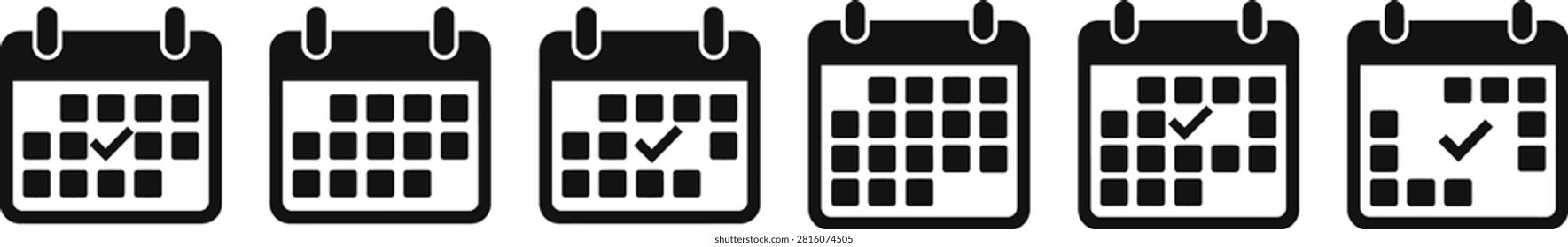 A series of six solid black calendar icons illustrating progressive task completion, with checkmarks indicating finished dates, ideal for digital interfaces.