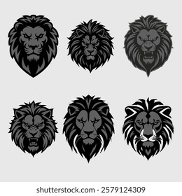 A series of six stylized lion head illustrations with a unique expression and style