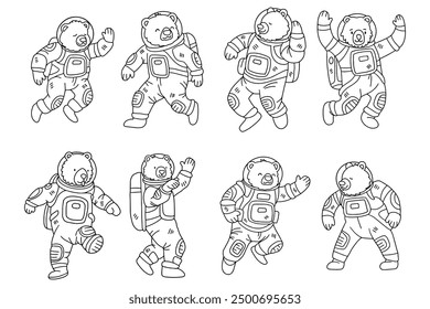 Eine Serie von sechs Teddybären in Raumanzügen wird in verschiedenen Posen gezeigt. Die Bären tragen alle Raumanzüge und scheinen Astronauten zu sein. Konzept von Abenteuer und Erkundung