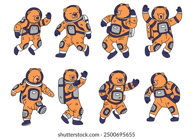 Una serie de seis osos de peluche en trajes espaciales se muestran en varias poses. Todos los osos llevan trajes espaciales y parecen ser astronautas. Concepto de aventura y exploración