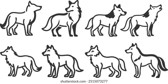 A series of six wolf drawings are shown in a row. The drawings are all the same size and are all black. Scene is calm and peaceful, as the wolves are all standing still and not moving