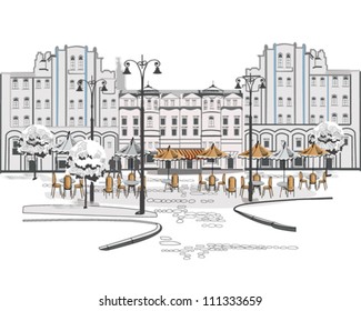 Series of sketches of beautiful old city views with cafes