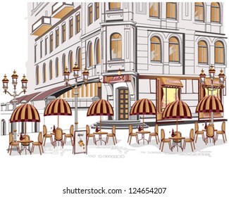 Series of sketches of beautiful old city views with cafes