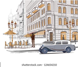 Series of sketches of beautiful old city views with cafes and a retro car