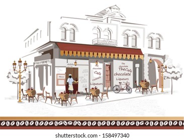 Series of sketches of beautiful old city views with cafes 