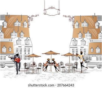 Series of sketches of beautiful old city views with cafes - coffee frame with girls, a musician, a waitress