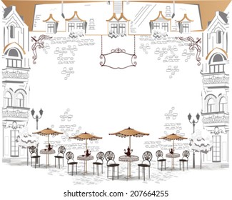 Series of sketches of beautiful old city views with cafes - coffee frame