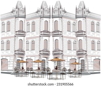 Series of sketches of beautiful old city views with cafes