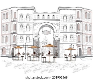 Series of sketches of beautiful old city views with cafes