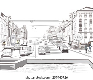 Series of sketches of beautiful old city, traffic 