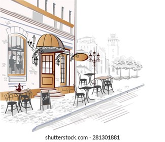 Series of sketches of beautiful old city views with cafes