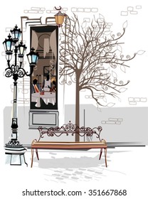 Series of sketches of beautiful old city views with cafes