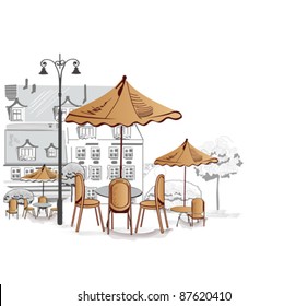 Series of sketches of beautiful old city streets with cafes