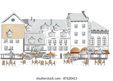 Series of sketches of beautiful old city streets with cafes