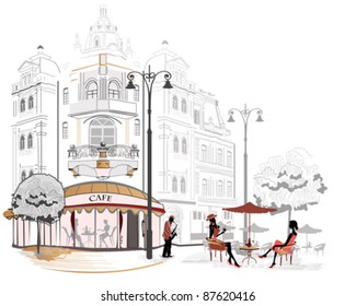 Series of sketches of beautiful old city streets with cafes