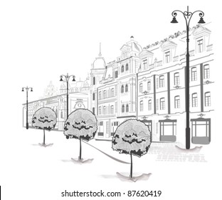 Series of sketches of beautiful old city streets