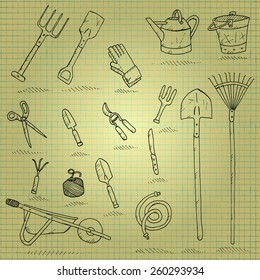 A series of sketches of some gardener's tools